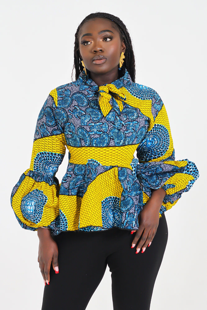 AISHA AFRICAN PRINT TIE NECK TOP (YELLOW)