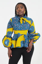 AISHA AFRICAN PRINT TIE NECK TOP (YELLOW)