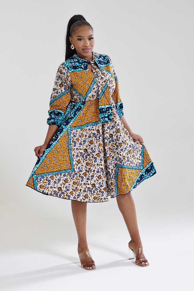 LABAKE AFRICAN PRINT ANKARA MIDI DRESS WITH TIE NECK(YELLOW) - DESIRE1709
