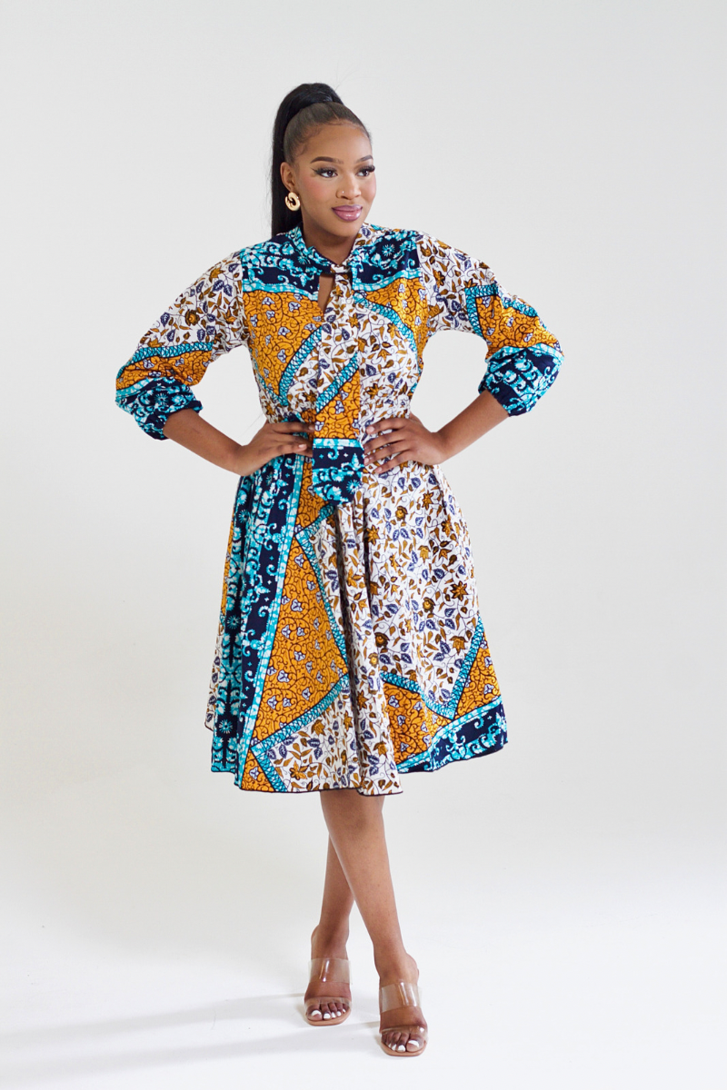 LABAKE AFRICAN PRINT ANKARA MIDI DRESS WITH TIE NECK YELLOW DESIRE1709