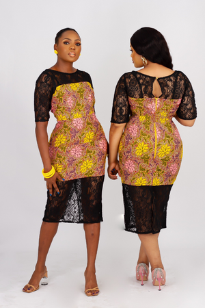 
                
                    Load image into Gallery viewer, SIMI AFRICAN PRINT LACE INSERT DRESS - DESIRE1709
                
            