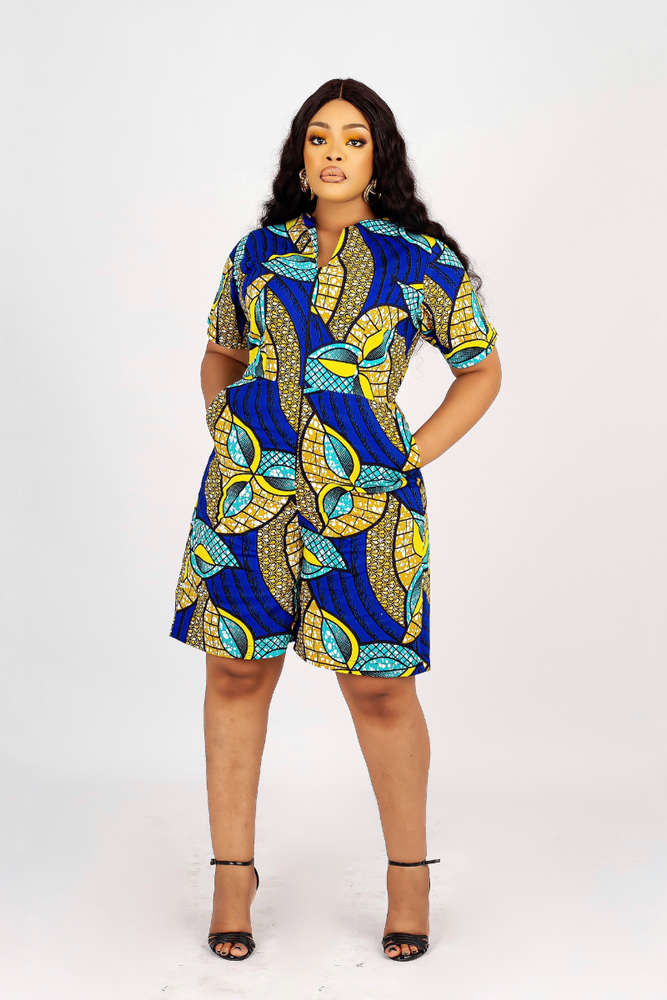 NKOYO ROMPER IN BLUE AND YELLOW PRINT