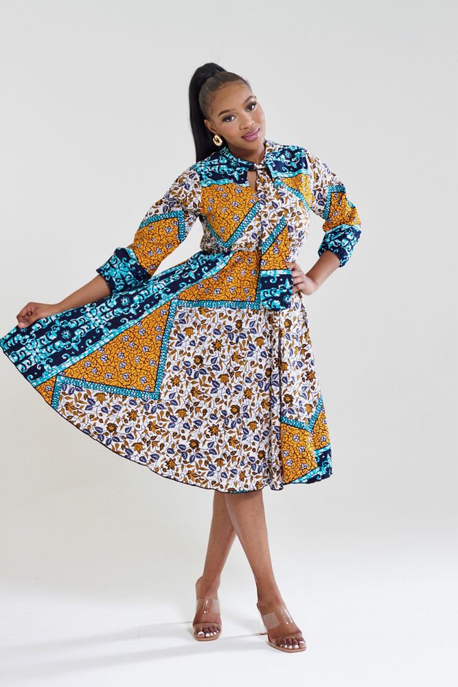 LABAKE AFRICAN PRINT ANKARA MIDI DRESS WITH TIE NECK(YELLOW) - DESIRE1709