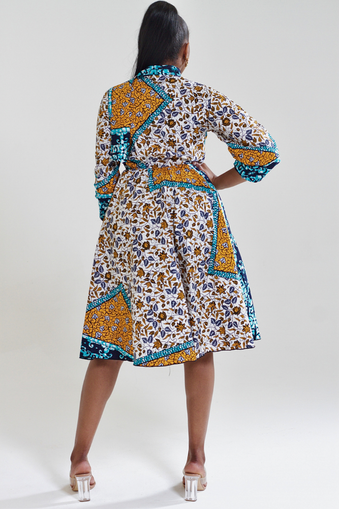 LABAKE AFRICAN PRINT ANKARA MIDI DRESS WITH TIE NECK(YELLOW) - DESIRE1709