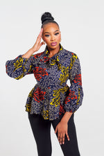 AISHA AFRICAN PRINT ANKARA TIE NECK TOP(BLUE)