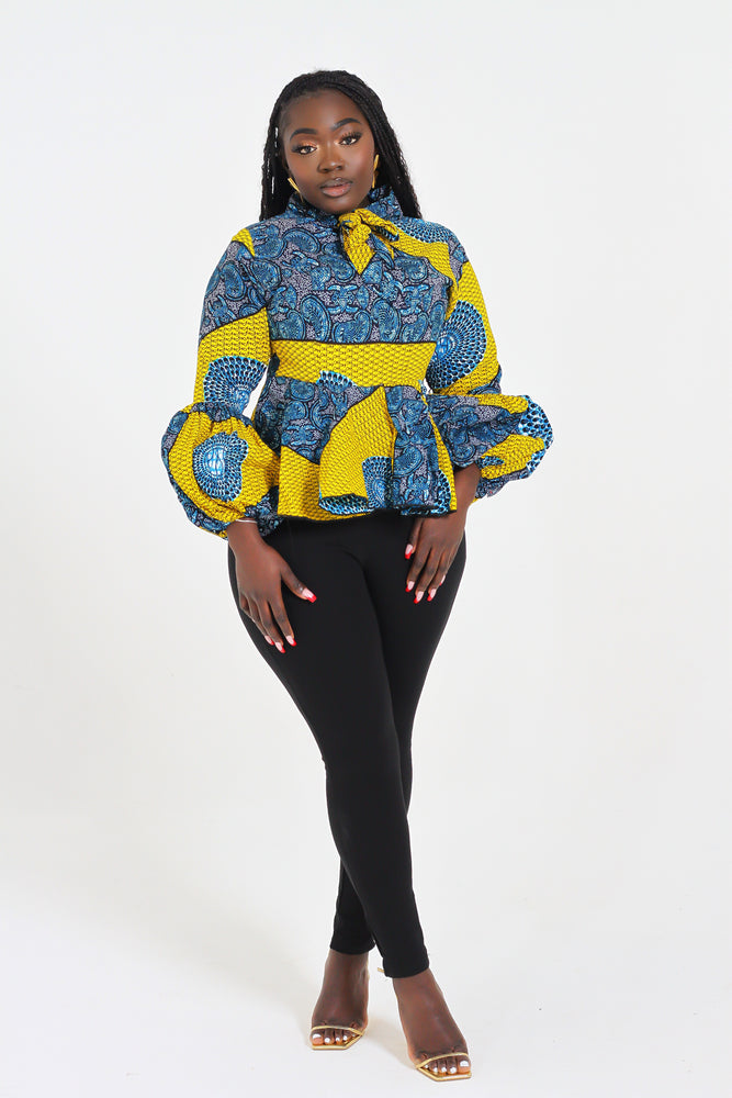 AISHA AFRICAN PRINT TIE NECK TOP (YELLOW) - DESIRE1709