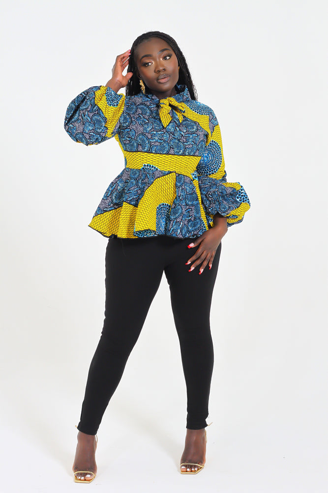 AISHA AFRICAN PRINT TIE NECK TOP (YELLOW) - DESIRE1709