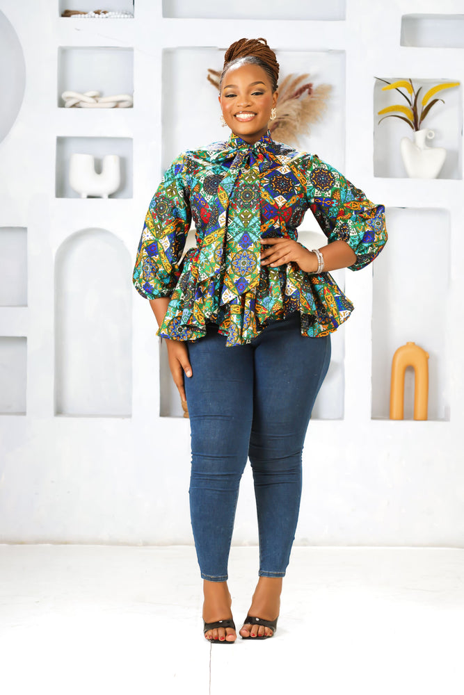 LEWA AFRICAN PRINT ANKARA TIE NECK TOP(BLUE)