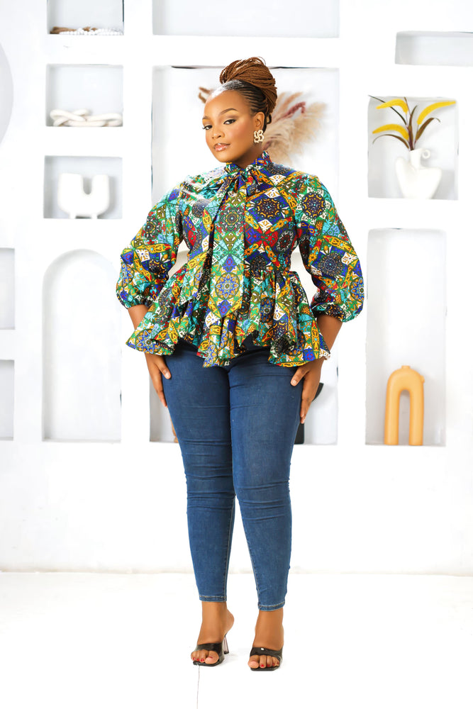 LEWA AFRICAN PRINT ANKARA TIE NECK TOP(BLUE)