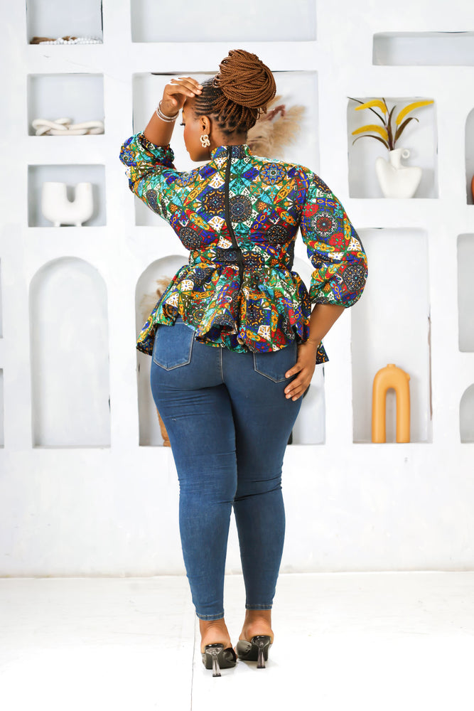 LEWA AFRICAN PRINT ANKARA TIE NECK TOP(BLUE)