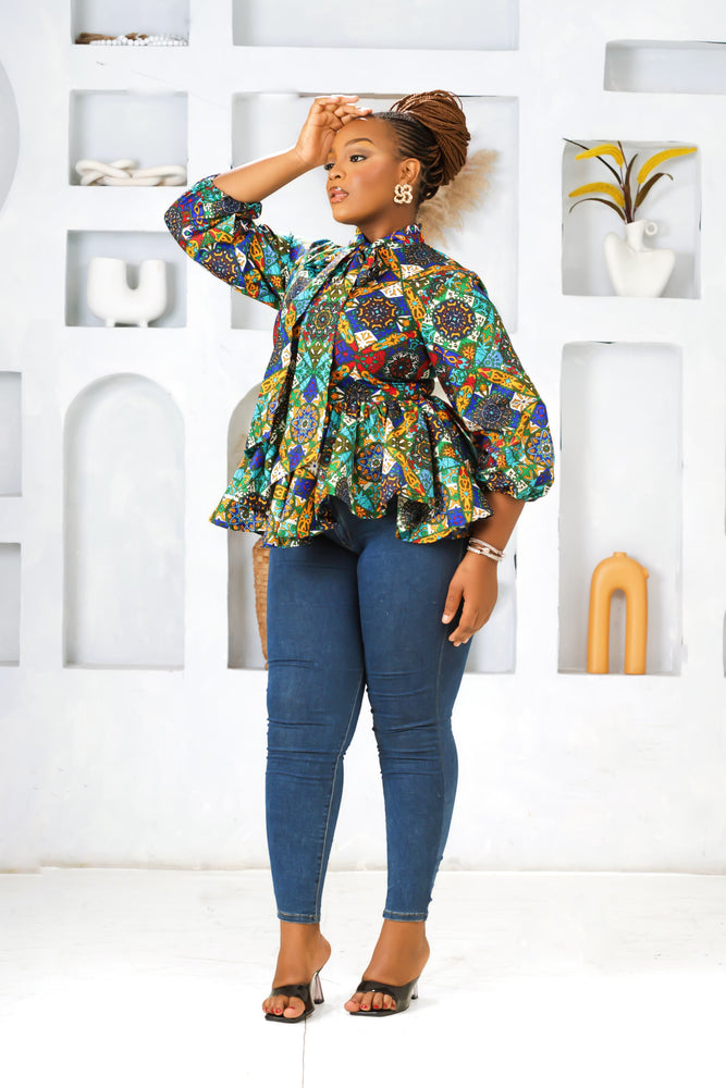LEWA AFRICAN PRINT ANKARA TIE NECK TOP(BLUE)