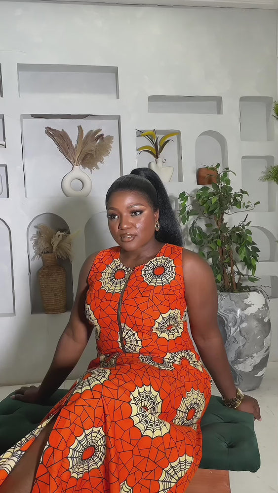 
                
                    Load and play video in Gallery viewer, OSAYI AFRICAN PRINT MAXI FRONT ZIP DRESS (Orange)
                
            