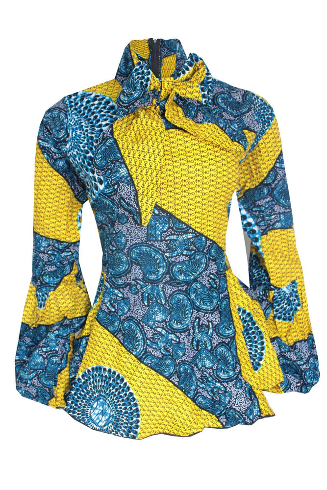 AISHA AFRICAN PRINT TIE NECK TOP (YELLOW) - DESIRE1709